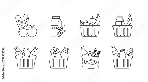 Collection of hand-drawn grocery shopping baskets and food items representing healthy eating and nutrition vector