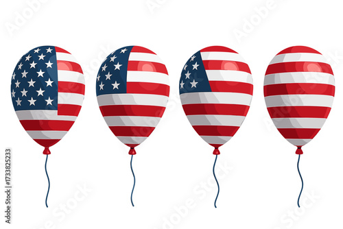 USA flag balloons 3D render set for Independence Day. American patriotic symbol for 4th of July celebration. Helium balloons collection isolated on transparent background.