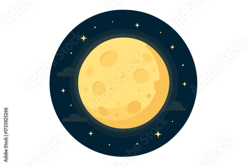 Full moon with craters glowing in the night sky with stars. Vector illustration in flat design style. Celestial body, lunar satellite. Astronomy concept. Round icon symbol.