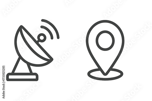 Dish antenna and location pin icon set. Vector illustration of satellite signal and GPS navigation marker. Linear outline graphic for technology and telecommunication concepts.