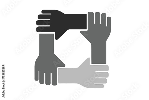 Four diverse hands holding each other, teamwork, community concept. Vector icon for racial equality, support, charity, partnership, unity, connection, social friendship.