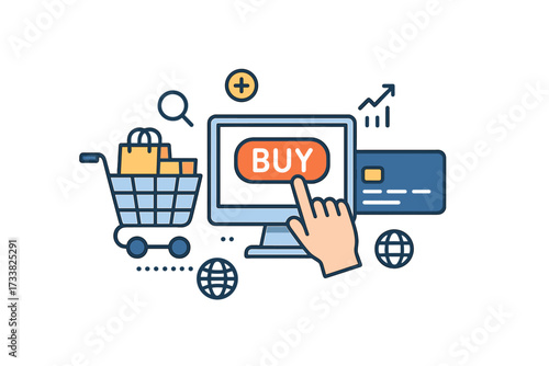 E-commerce banner for online shopping and digital marketing. Hand clicks buy button on computer. Checkout process with credit card and shopping cart. Vector web illustration.