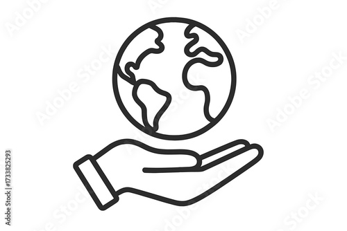 Hand holding earth globe line icon. Planet in hand. Concept of environment, ecology, nature conservation, care, safety, and support. Save the planet, Earth Day symbol.