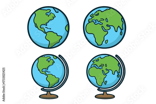 Earth globe vector icon set. Planet Earth cartoon illustration collection. World map with continents. Global travel and geography symbol. School education flat design element.