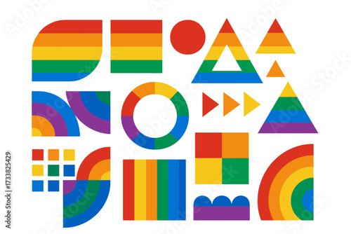 Geometry colorful Bauhaus background with simple geometric shapes. Abstract minimalistic pattern for Pride month celebration. Vector icon set with LGBTQ rainbow flag colors.