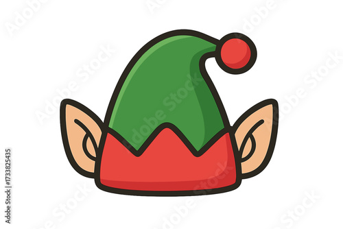 Cartoon elf hat with ears vector icon. Christmas festive accessory for a costume. Santa's little helper green hat with red pompom. Fantasy pixie or gnome character element.