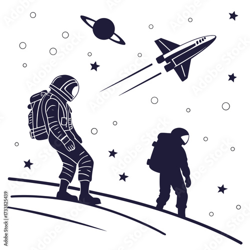 Two astronauts and spaceship in dark blue outer space