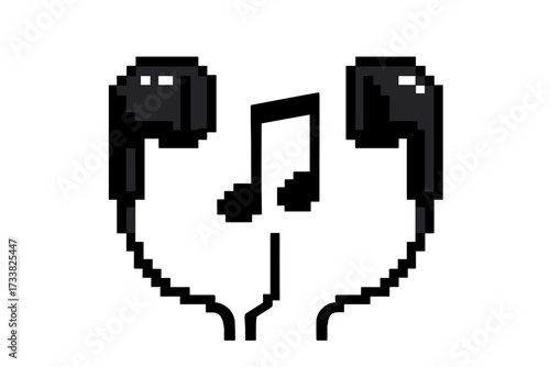Pixel art earphones icon. 8-bit retro gaming music concept. Vector illustration of earbuds and musical note. Listen to sound. Audio melody symbol. Isolated on white background.