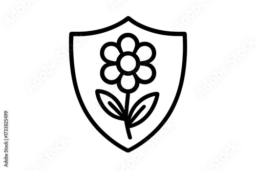 Shield with flower icon for environmental protection, nature conservation, and organic safety. Eco-friendly security logo concept. Vector line art for sustainability and growth.