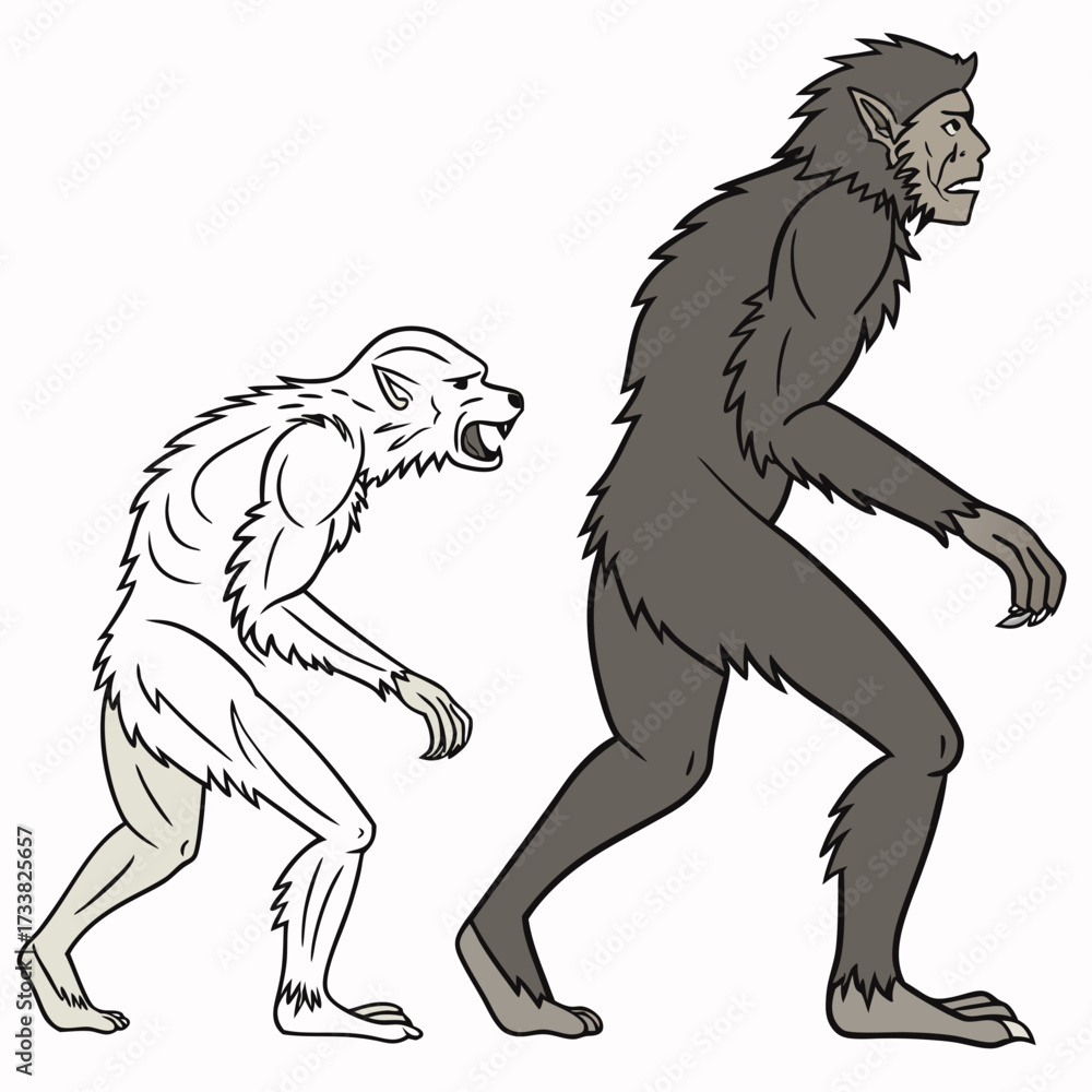 Obraz premium Two wolf like creatures one transforming into a werewolf