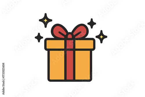 Gift box icon with sparkles. Vector flat illustration for birthday, christmas, promotions. Surprise present for contest, marketing. Bonus reward for loyalty program, giveaway.