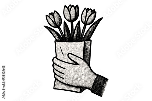 Hand holding paper bag with tulip flowers bouquet. Modern vector with retro halftone texture. Spring gift concept for greeting card, web emblem, print. Minimalist dotwork art.