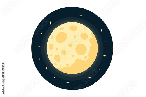Full moon with craters glowing in the starry night sky. Vector illustration in flat design style. Space, cosmos, universe concept. Astronomy science graphic. Lunar icon.