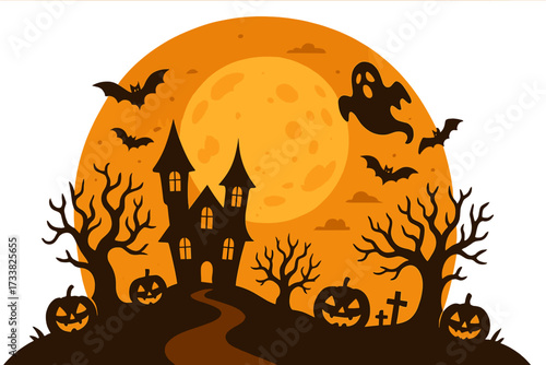 halloween scene with haunted house and pumpkins clip art preview