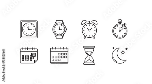 Collection of hand drawn time management icons including clocks calendars hourglass and moon phases vector