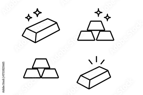 Gold bar outline icon set. Bullion and ingot symbols for finance, investment, and banking. Vector line art collection for wealth, treasure, and success concepts. Editable stroke.