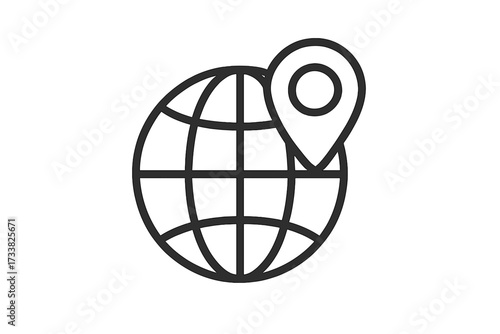 Globe icon with location pin. World map with destination pointer. Global business, travel, and logistics concept. GPS navigation and geography symbol. Vector linear illustration.