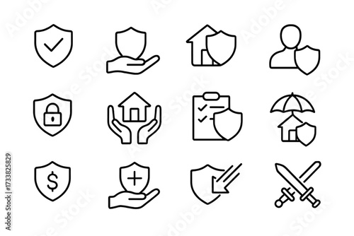 Insurance and protection line icon set. Vector symbols for security, safety, and defense. Concepts for home, life, health, and financial guarantees. Secure policy symbols.