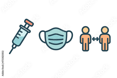 Health and safety icon set. Virus prevention concepts like vaccine syringe, face mask, and social distancing. Flat design vector illustration for pandemic and medical safety.