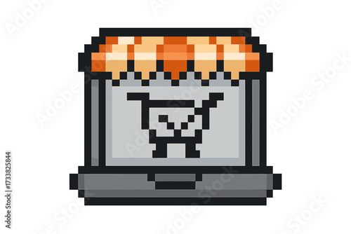 Online shopping vector icon in pixel art style. Laptop as a digital storefront or e-commerce marketplace. Retro 8-bit cartoon illustration of a web shop symbol and cart.