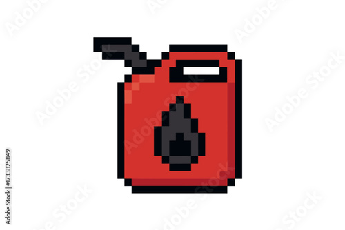 Pixel art gas can icon. 8-bit retro video game sprite. Red jerrycan with flammable flame symbol. Fuel, gasoline, petrol canister. Energy, power concept vector illustration.