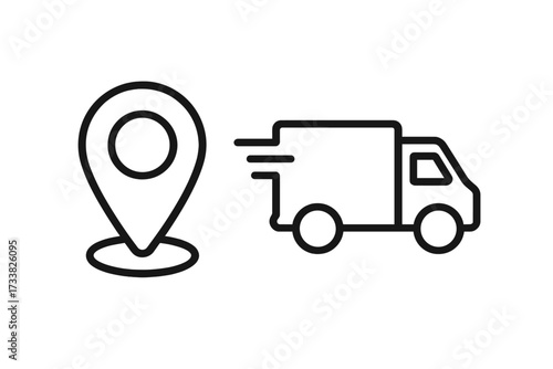Fast delivery truck with map pin. Location tracking for shipping and logistics. Express transport service icon. Order navigation and cargo freight van. Line art vector.