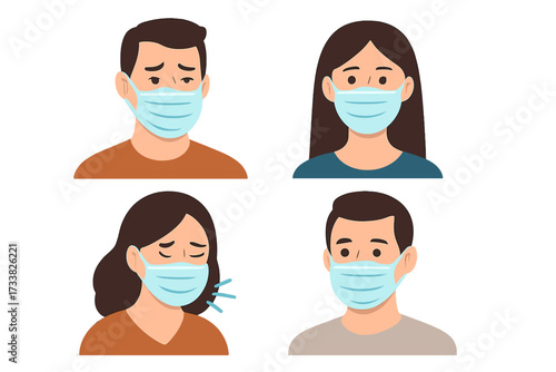 Men and women in medical face masks. Vector set of symptomatic and asymptomatic people wearing protective surgical masks. Concept for sickness, coronavirus, flu, and prevention.
