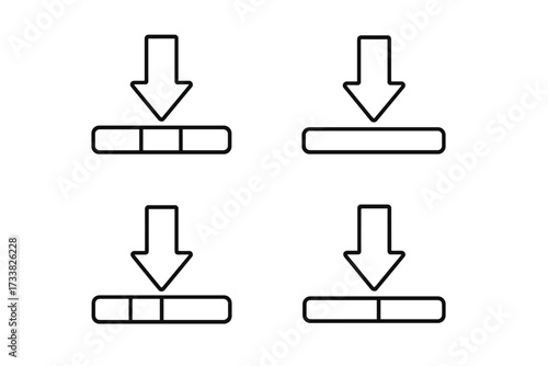 Download icon set with progress bar. Loading status collection. Arrow down symbol for web, app interface. Data transfer, update, install pictogram. Thin line vector design.