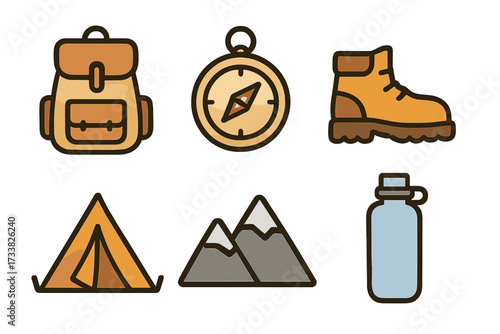 Set of minimalist camping and hiking icons. Vector cartoon illustration collection with backpack, compass, boot, tent, mountains, and water bottle. Outdoor adventure gear symbols.