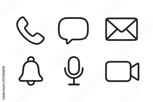 Minimalist communication icons set with phone, message, email, notification, microphone, and video call symbols. Simple line art vector for web, mobile app, UI, UX design.