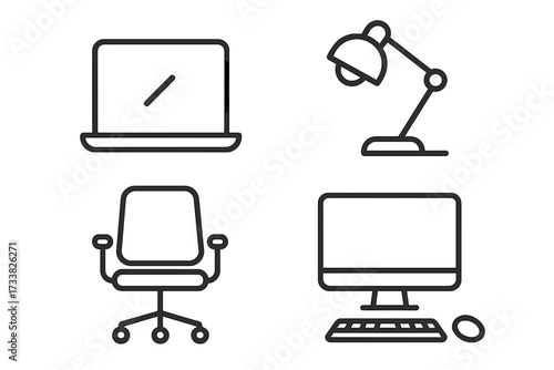 Home office linear icon set. Remote work essentials. Minimalist vector symbols for workspace and freelance. Workplace equipment, laptop, computer, lamp, and office chair.