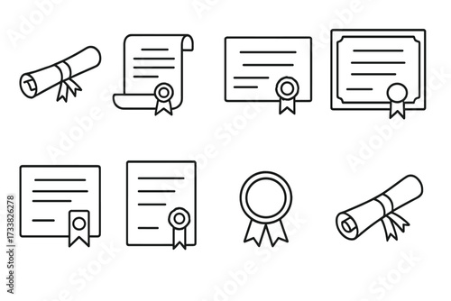 Diploma and certificate vector line icon collection. Graduation, degree, and achievement symbols. Thin line art for web, apps, and infographics. Education and success concepts.