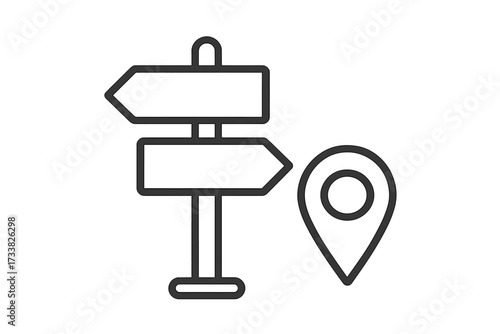 Signpost and map pin icon. Concept of direction, choice, decision, location, navigation, and travel. Arrow signboard for guidance, route, path, and destination. Vector line art.