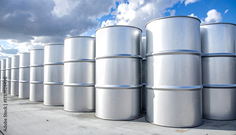 Fototapeta premium Metal barrels lined up outdoors