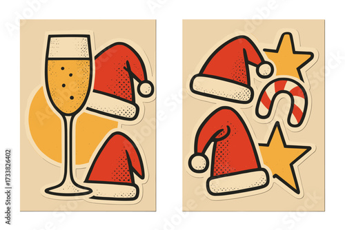 New Year and Christmas card poster templates set. Modern retro vector collage with halftone texture. Cut out paper stickers of champagne, Santa hat, candy cane and star.