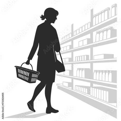 Woman silhouette shopping in store aisle with shelves