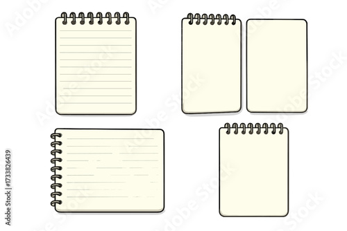 Notebook mockup set with spiral binding. Realistic vector notepad illustration. Empty, blank, and ruled paper templates for office, school, or personal journal design.