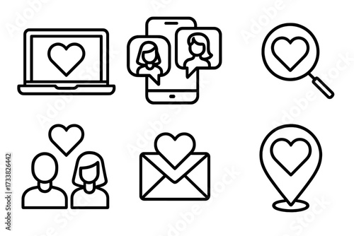 Online dating icon set. Vector symbols for finding love and romance. Relationship concept. Includes dating app, mobile chat, search for partner, couple match, love message, location.