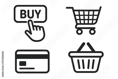 E-commerce icon collection for online shopping and sales. Vector set with hand clicking buy button, credit card, shopping cart and basket. Web store purchase elements.