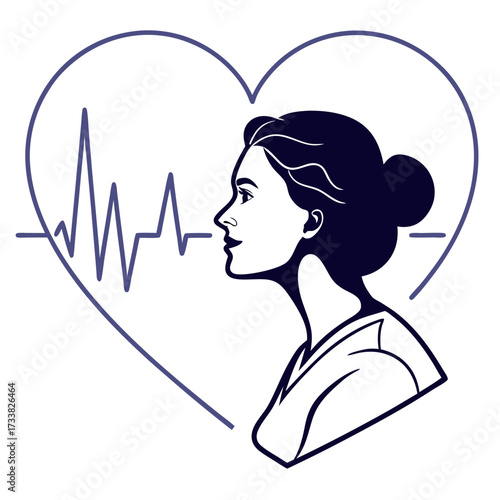 Woman silhouette with heartbeat line inside heart shape