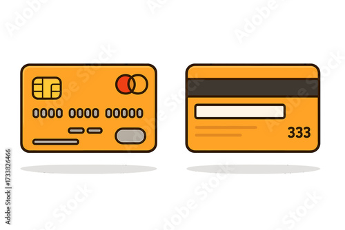 Credit card front and back. Vector cartoon illustration of debit card for payment. Financial concept for online shopping, e-commerce, transaction, and banking. Plastic money set.