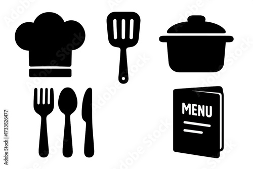 Culinary icon set with kitchen tools and restaurant symbols in a bold silhouette style. Vector graphic includes chef hat, spatula, pot, cutlery, and menu for cooking concepts.