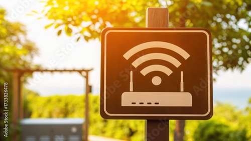 Public Wi-Fi Sign with Router Icon in Nature Background