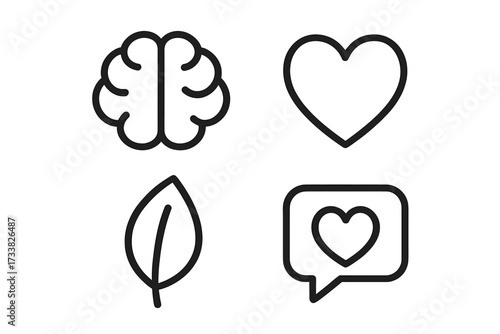 Wellness icons set with brain, heart, leaf, speech bubble. Minimalist line art. Concept for mental health, psychology, love, emotion, nature, eco, communication, therapy. Vector.