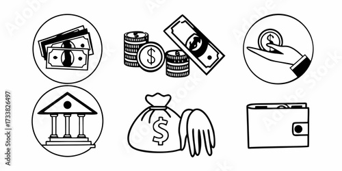 Illustration showing money, coins, banknotes, bank, wallet and money bag in black and white style