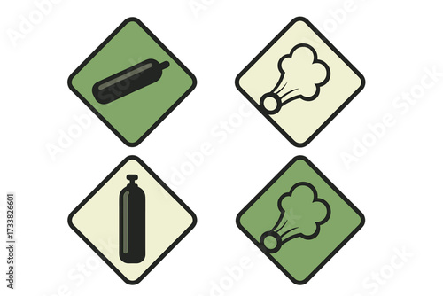 Non-flammable non-toxic gas sign collection. Vector illustration of hazardous material warning placards. Compressed gas cylinder and release symbols for safety and transport.