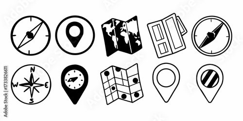 Collection of compasses maps and location pins in black and white doodle style vector illustration
