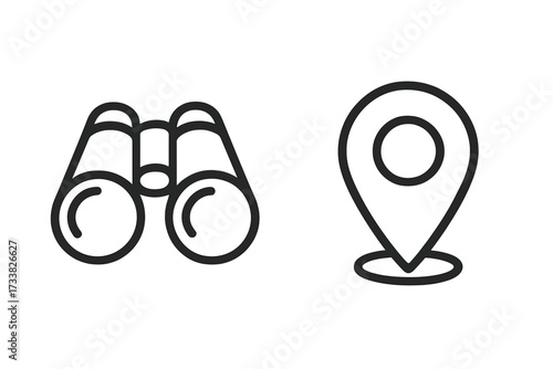 Binoculars and map pointer icon set. Concept of searching for a location, discovery, exploration, travel, and navigation. Find a destination. Local search. GPS marker vector.