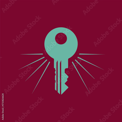 Round key symbol, radial rays background, secure access identity, minimalist security branding, locksmith service logo, clean vector artwork
