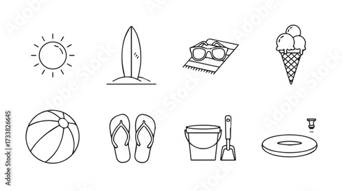 Collection of hand drawn summer beach icons featuring sun surfboard sunglasses ice cream and more vector